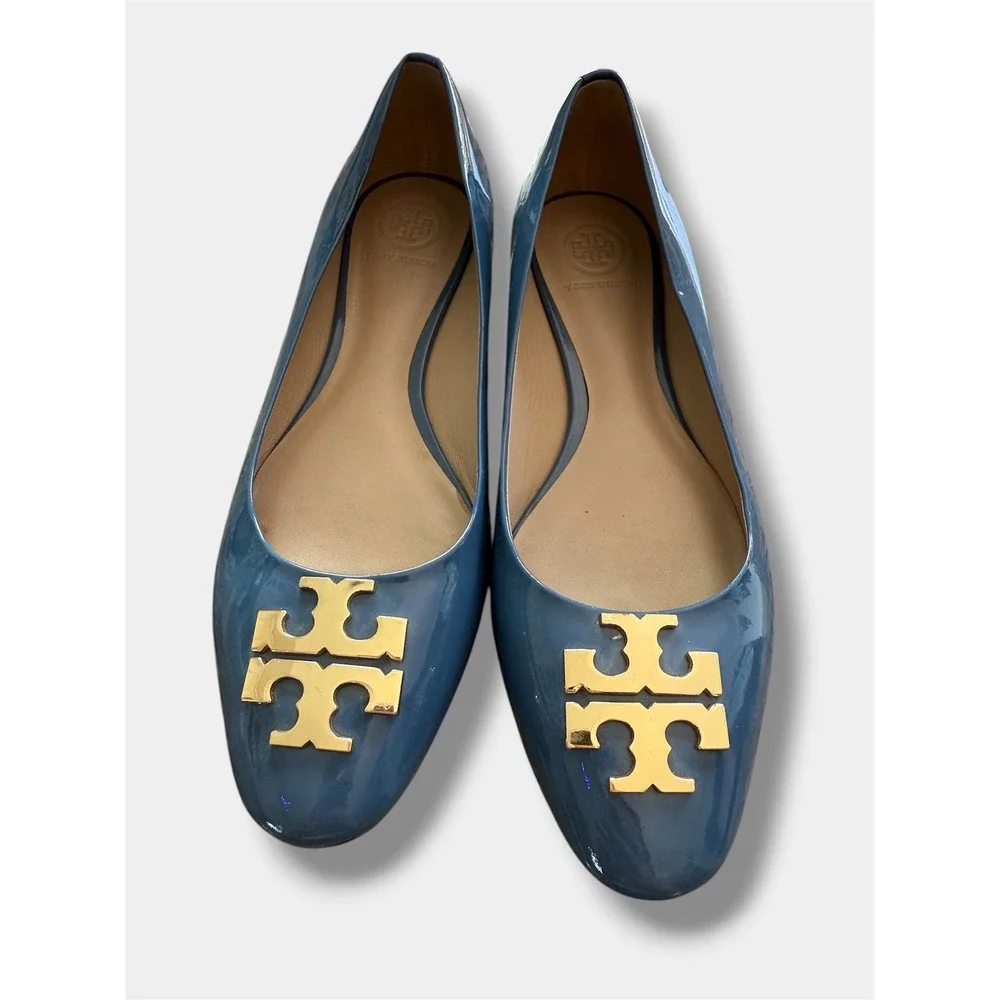 Tory Burch Reva Ballet Flats sz 7M Blue Patent Leather Gold Logo‎ Medallion Good
